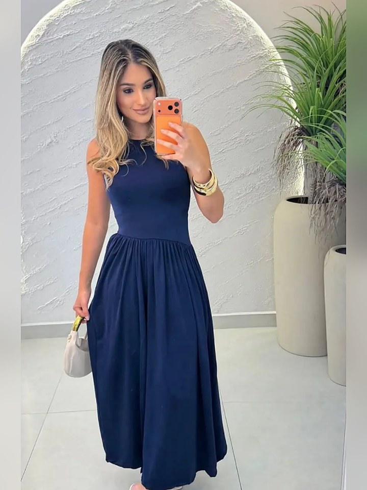 Vestido longo drapeado marinho